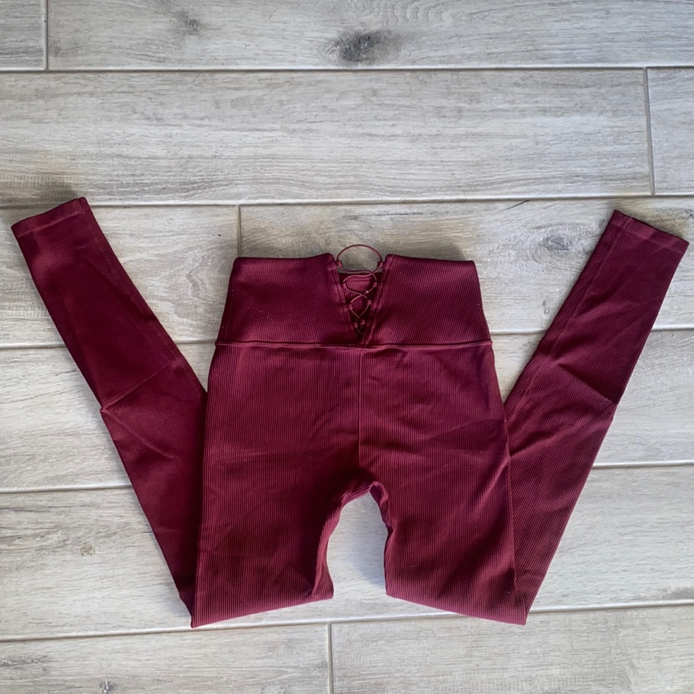 Fabletics Maroon High wasted seamless lace up back workout leggings